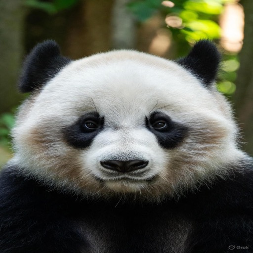 A giant panda looking out from a green bamboo forest